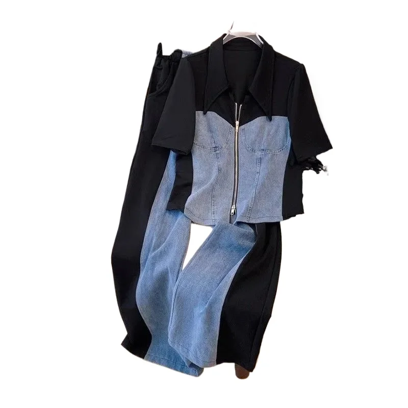 Женский джинсовый костюм с лацканами лоскутный топ воротником на молнии и
