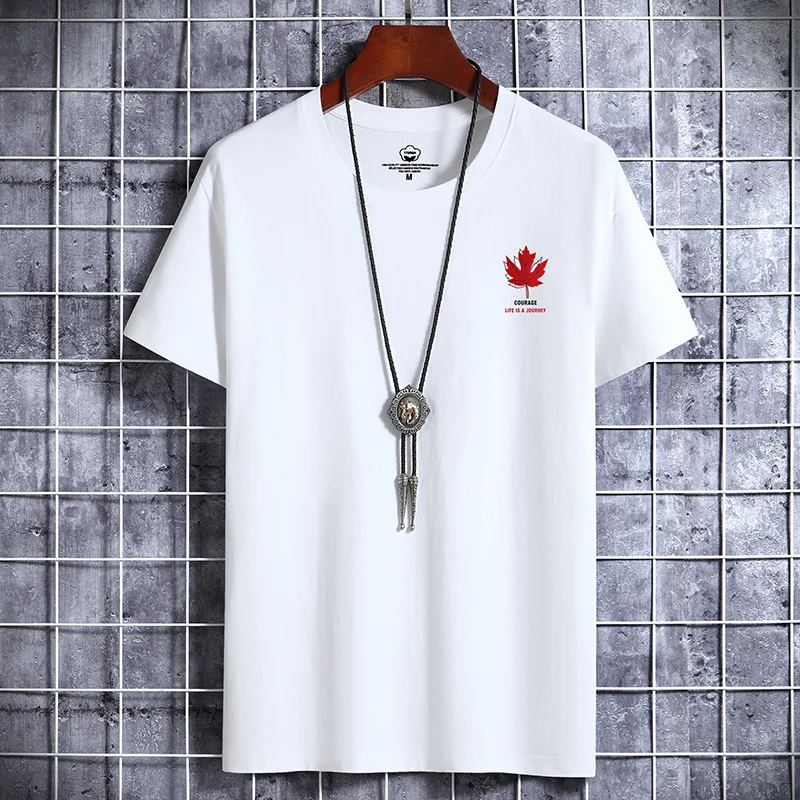

Summer New 100% Cotton Maple Leaves Men's Short Sleeves White Solid T Shirt Men Causal O-neck Basic T-shirt Male High Quality