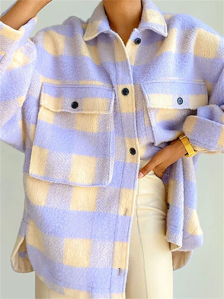 

2022 New Autumn Korean Streetwear Plaid Pattern Long Sleeve Coat For Womens Casual Loose Fashion Female Turn-down Collar Coats