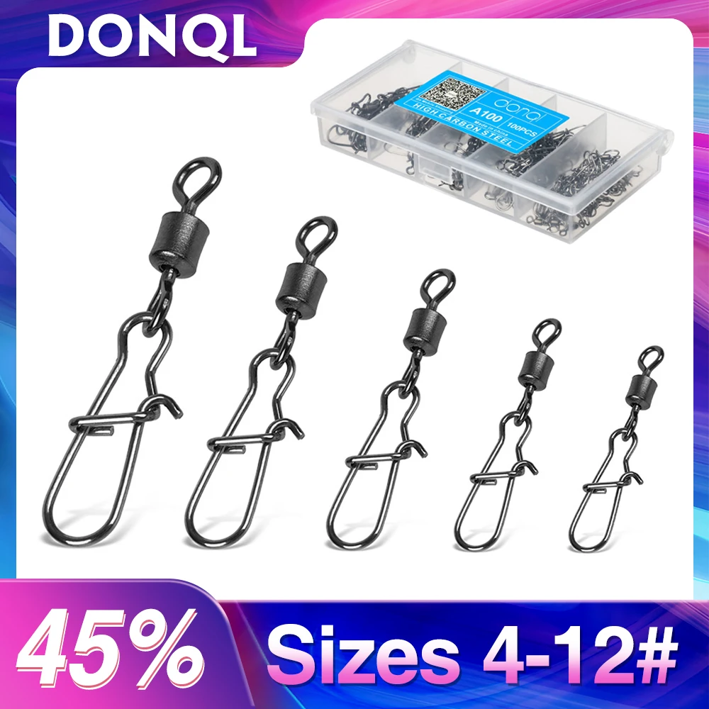 

DONQL 100pcs Fishing Connector Set Sizes 4-12# Bearing Rolling Swivel With Stainless Steel Pin Snap For Fishing Accessories