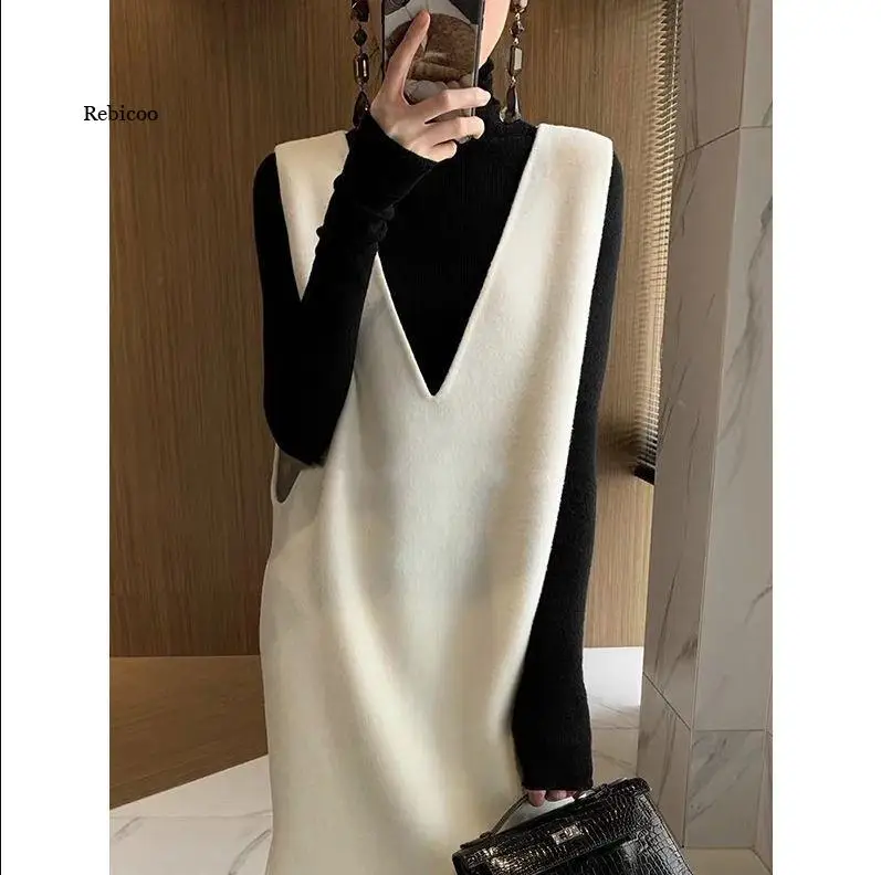 Женский пуловер без рукавов плюшевое платье новинка Длинное свободное шерстяное