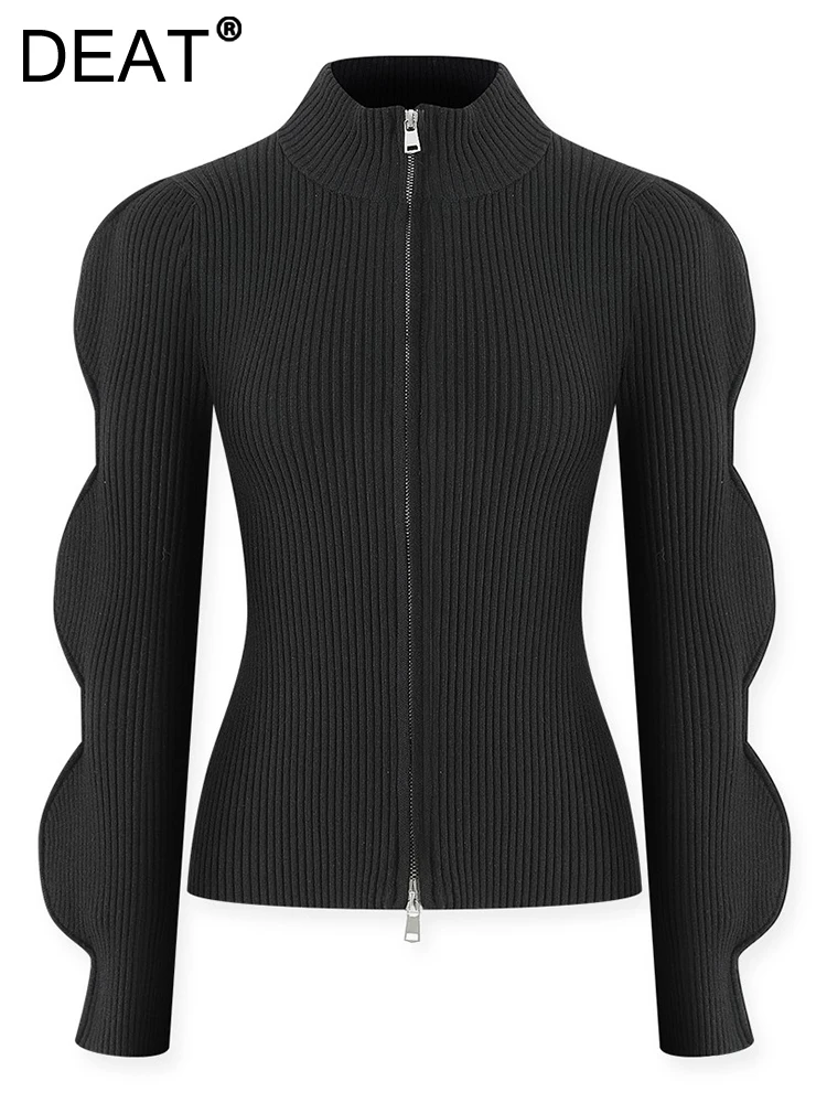 

DEAT Fashion Women Cardigan Slim Turtleneck Full Sleeve Zip Fly Waist Black Knit Sweaters Jackets Autumn 2023 New Tide 17A9676H