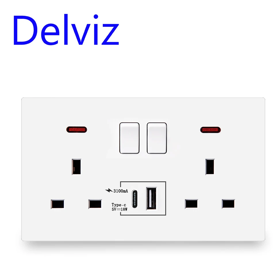 

Delviz Type-C Quick charge Ports, Dual 13A Power outlet, Switch control socket, 18W smart charging, UK standard Wall USB socket