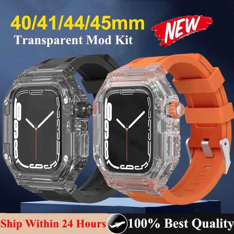 Transparent Modification Kit For Apple Watch 8 7 41mm 45mm Case+Sport Rubber Bracelet For Apple Watch Band 44mm 40mm Mod Kit