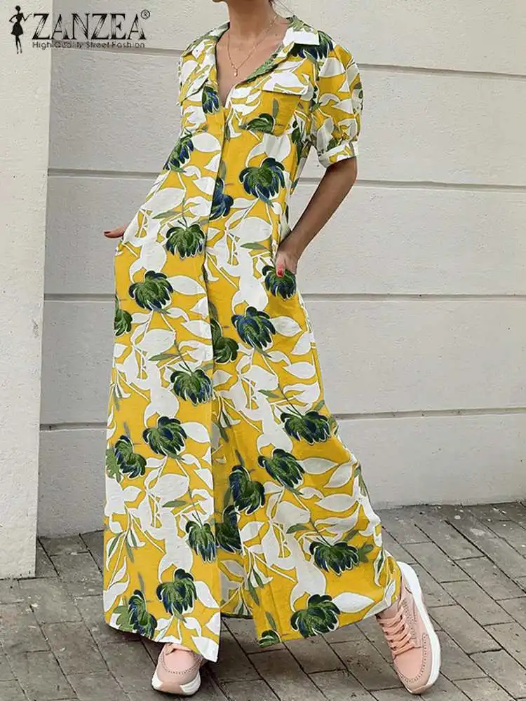 

ZANZEA Fashion Puff Sleeve Sundress Women Bohemian Printed Maxi Dresses 2022 Elegant Vestidos Oversized Casual A-line Robe Femme