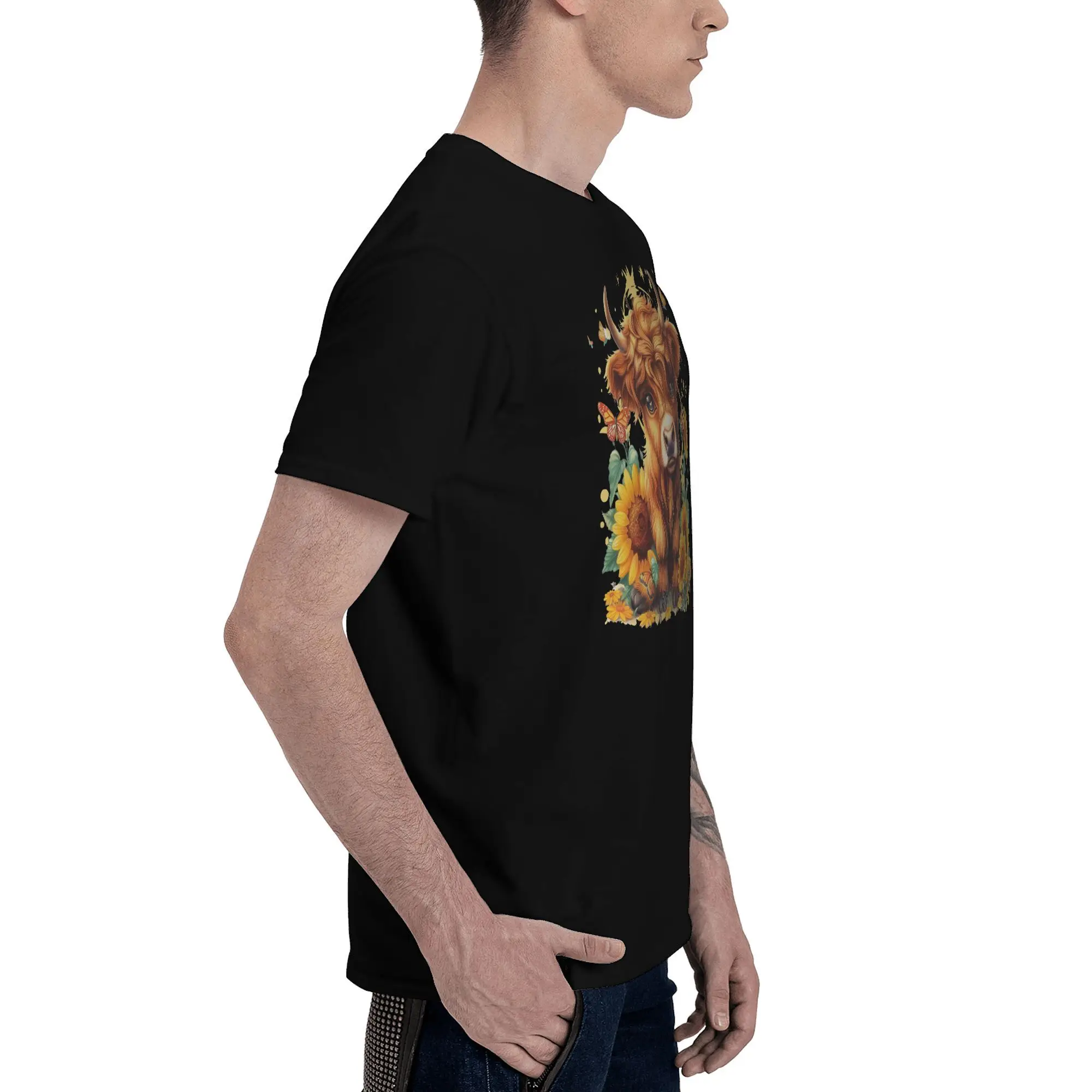 Мужская футболка с короткими рукавами Highland Cow подсолнух и бабочкой рваный