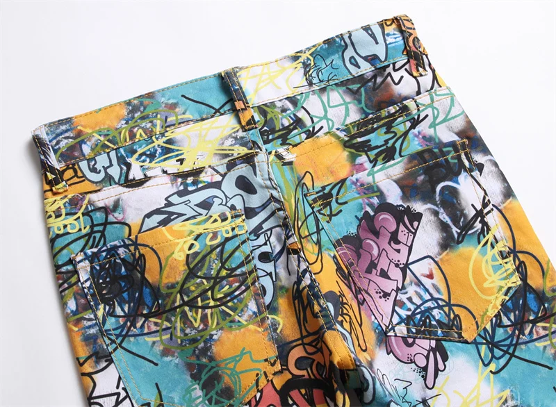 Men's Colorful Graffiti Printed Jeans Y2K Colorful Slim Fit Tapered Elastic Casual Pants Fashion Street Clothing Small Foot Pant
