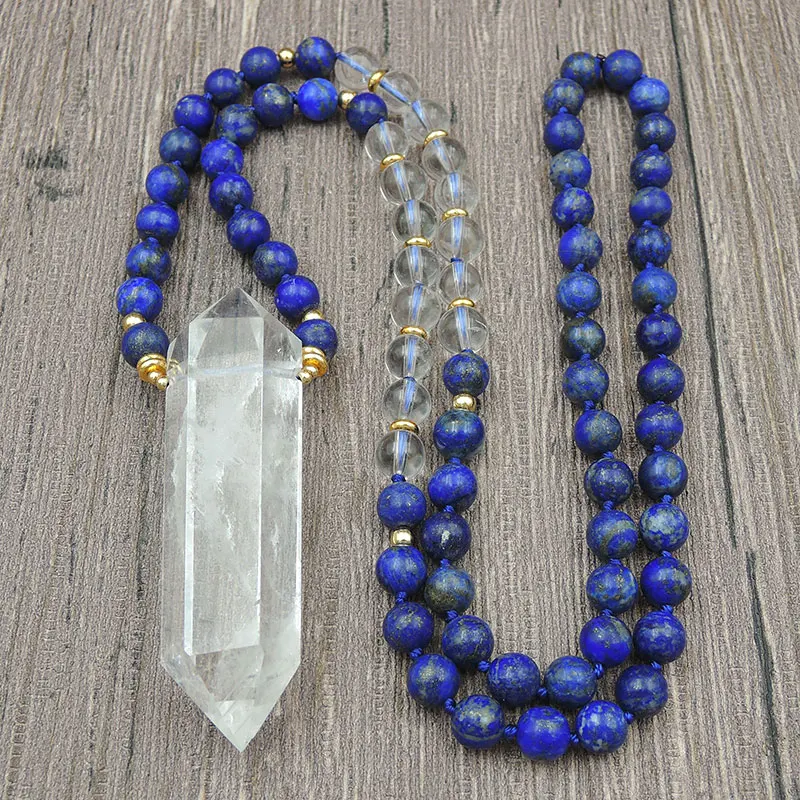 

Natural Crystal Quartz Point Pendant Necklaces 8mm Lapis Lazuli Round Beads Knot Handmade 30Inch And 40Inch