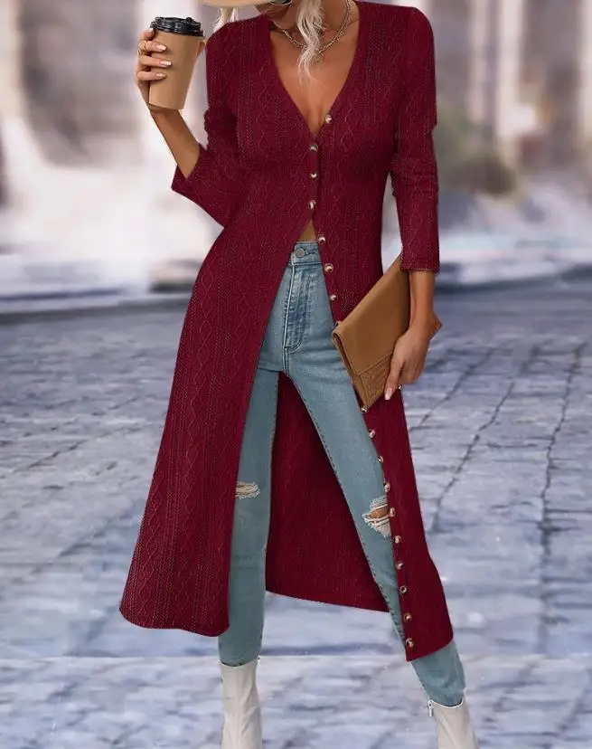 

Long Cardigans for women Buttoned Cable Textured Longline Top Elegant Knitted Y2k Sweaters Women Casual Chic V Neck Coats