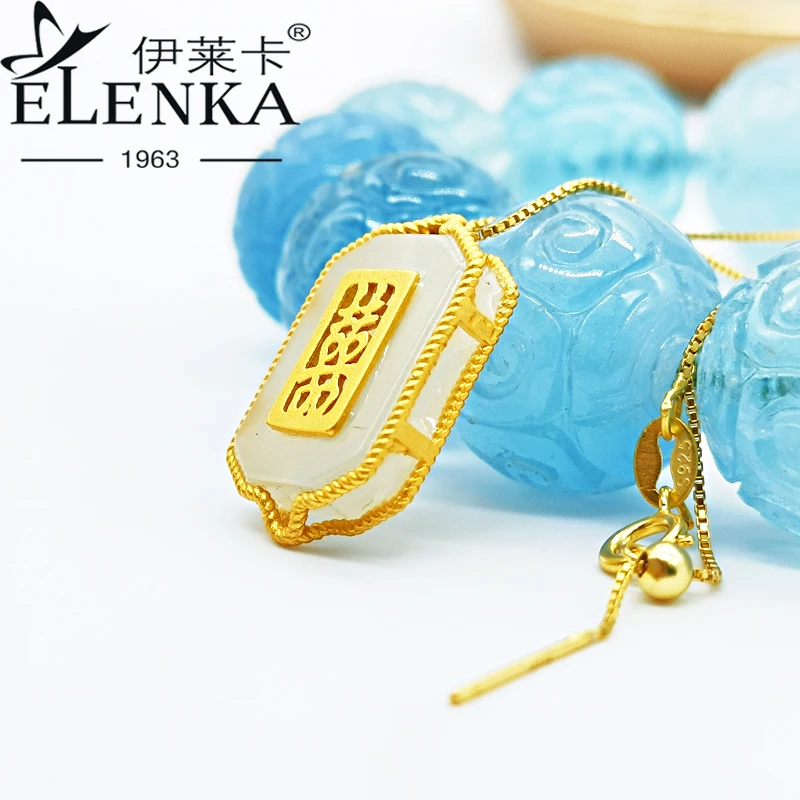 

Luxury 925 Sterling Silver Necklaces for Women Yellow Gold Chinese Character Necklace Shell Pendnat Square Fine Jewelry 22mm New