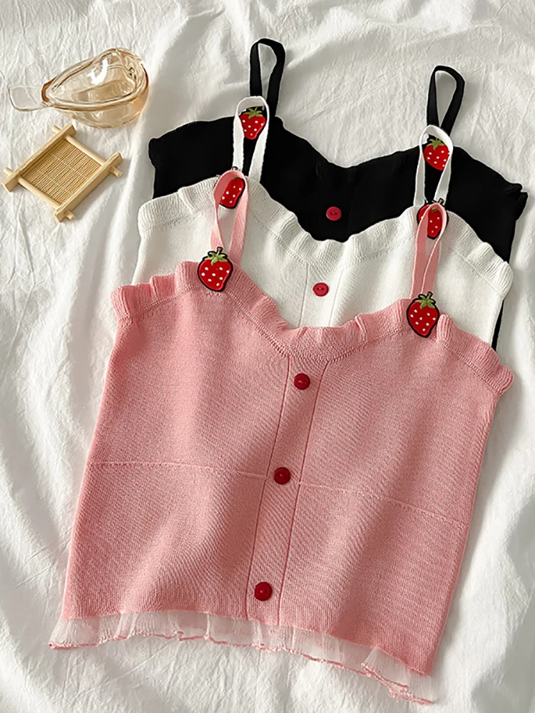 

HELIAR Women Cute Tops Knitted Buttoned Up Crop Tops 2022 Summer Spaghetti Tops Strawberry embroidired Tops