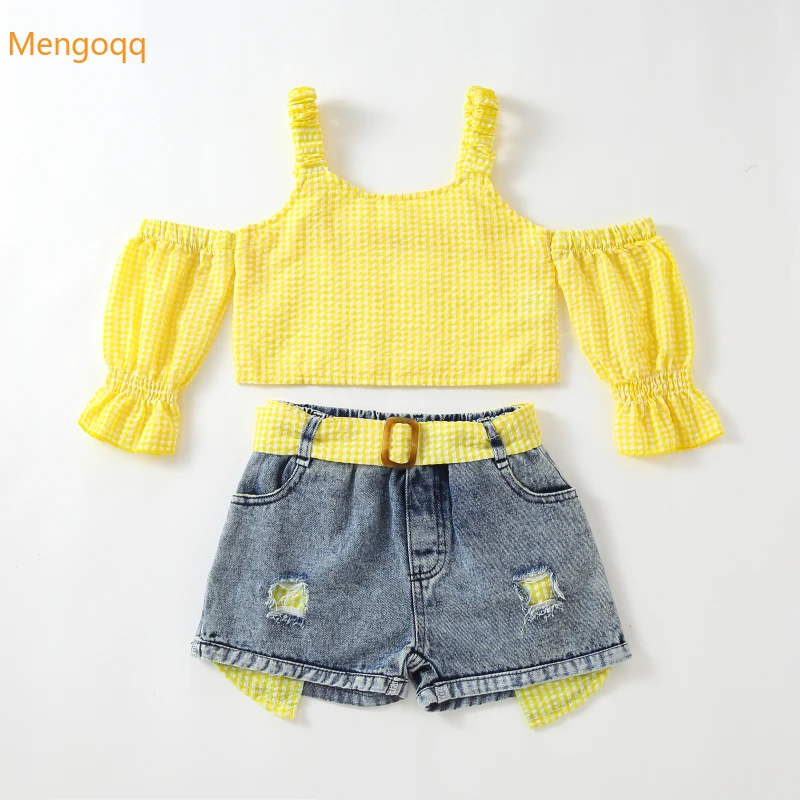 

Mengoqq Girls Summer Plaid Off Shoulder Top T-shirts Belt Denim Hole Shorts Pants Kids Baby Children Fashion Clothing Set 2pcs