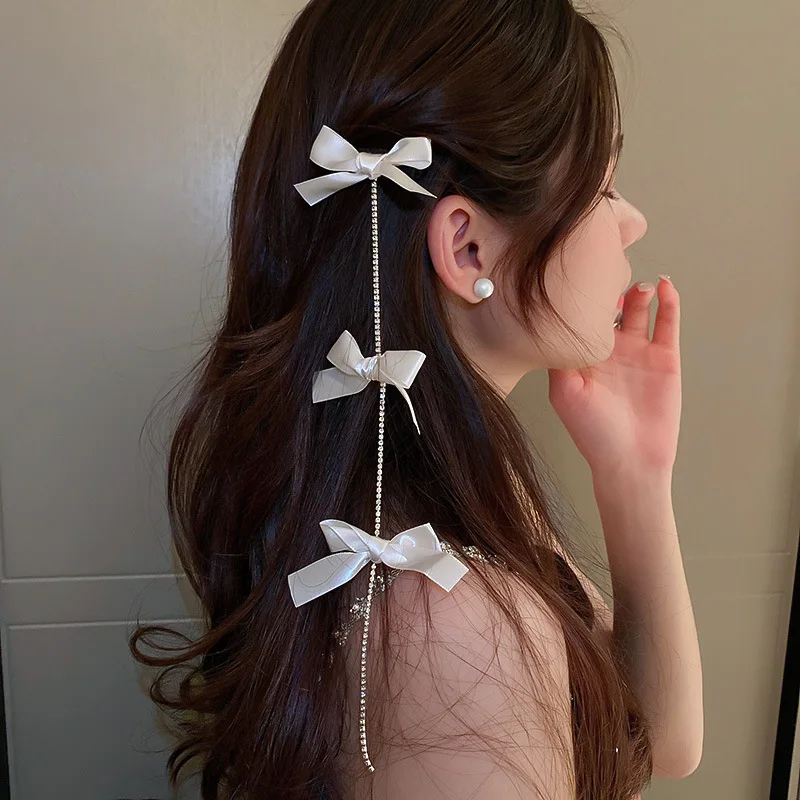 

Корейские однотонные банты стразы заколка для волос с цепочкой для девочек бутик шпильки ручной работы заколка головной убор аксессуары дл...