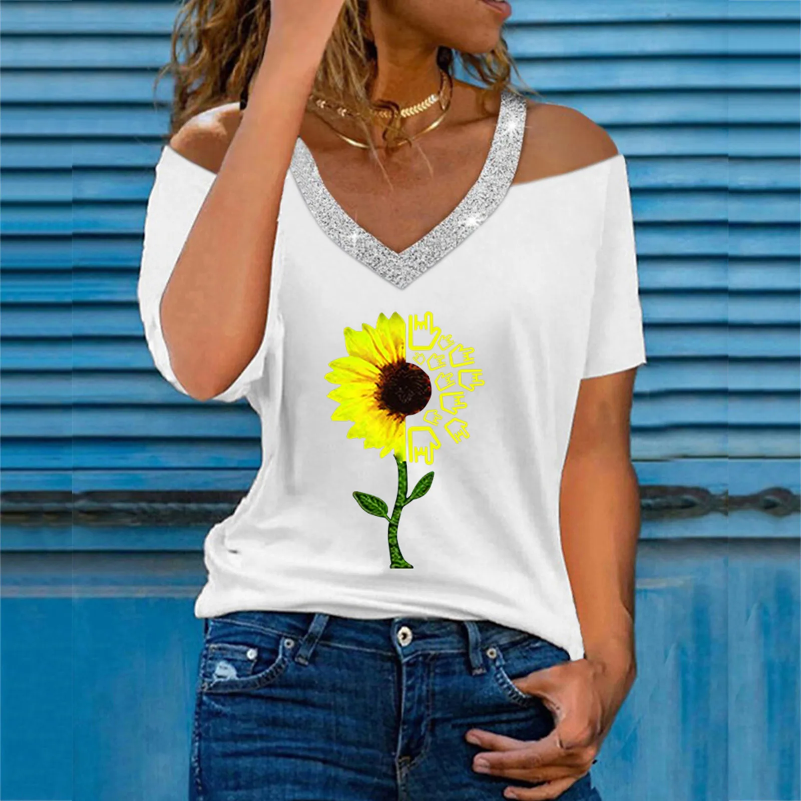 

Ladies Loose Casual V Neck Short Sleeve Off Shoulder Sunflower Print Women T Shirt Elbow Sleeve Tee Shirt Lace Dress Top
