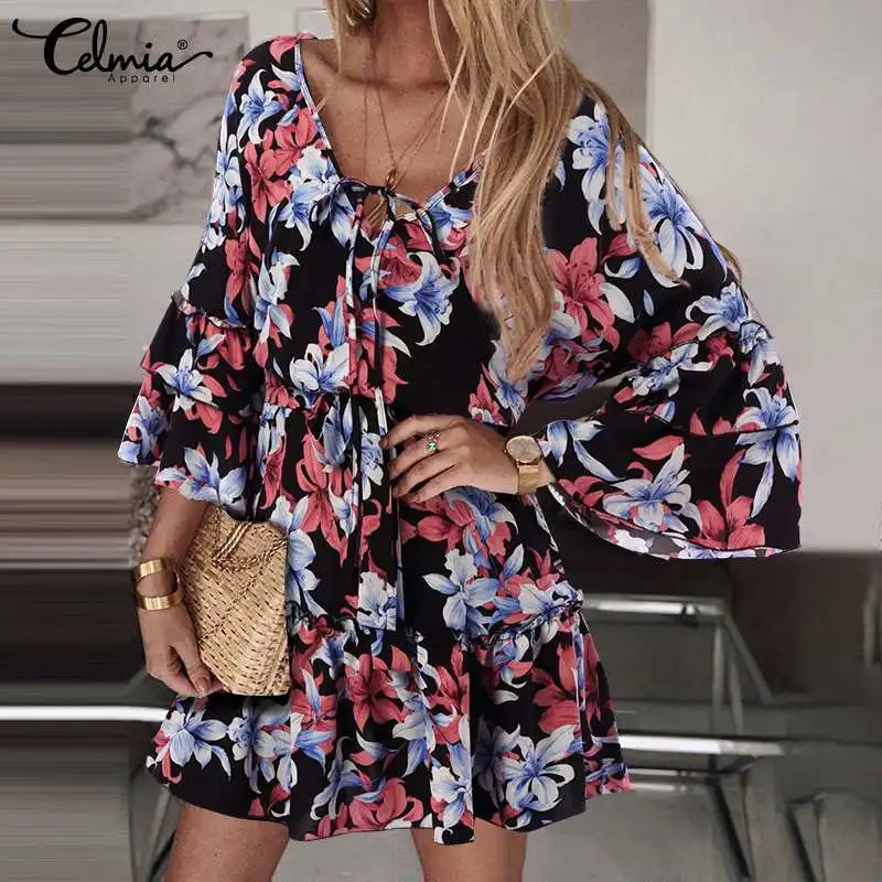 

Celmia праздничное мини-платье с цветочным принтом 2022 летнее богемное женское платье на шнуровке с V-образным вырезом элегантное короткое плат...