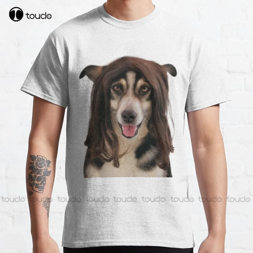

Dog With Cute Wig Classic T-Shirt Tennis Shirts For Men Cotton Outdoor Simple Vintag Casual Tee Shirt Christmas Gift Xs-5Xl New