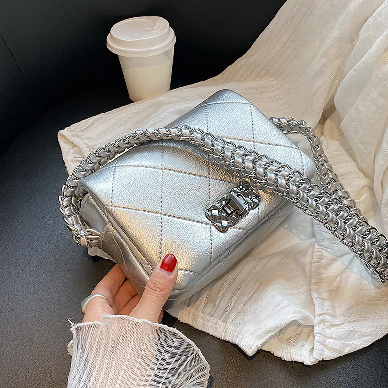 

2022 Summer Fashion Women's Handbags and Purses Lattice Thick Chain Mini Shoulder PU Leather Crossbody Sling Bag Luxury Brand