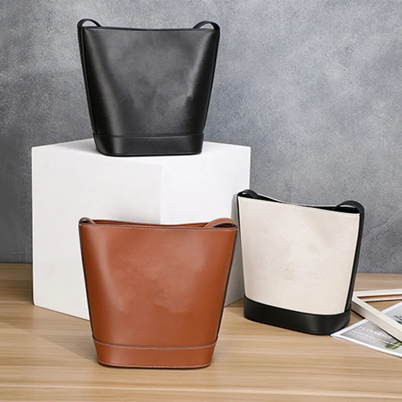 

Fashion Shoulder Bag Women Leather Black Large Capacity Bucket Bag Canvas White Vintage Crossbody Pouch Leisure Women's Handbags