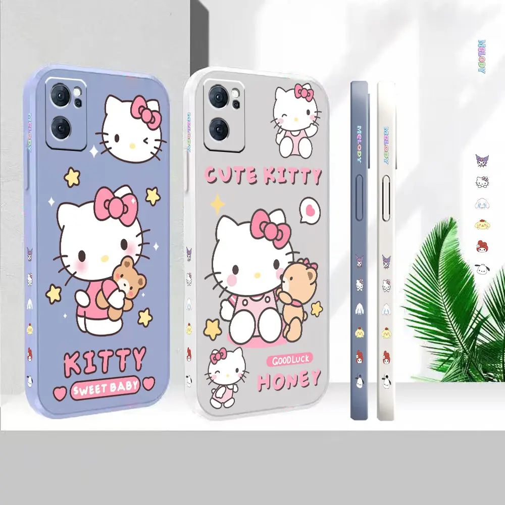 

Liquid Silicone Case For Oppo Reno 9 8 7 7SE 6 5 4 4SE 3 Pro Plus 4G 5G Cover Anime Cute Hello Kitty Colour Fundas Cqoues Shell
