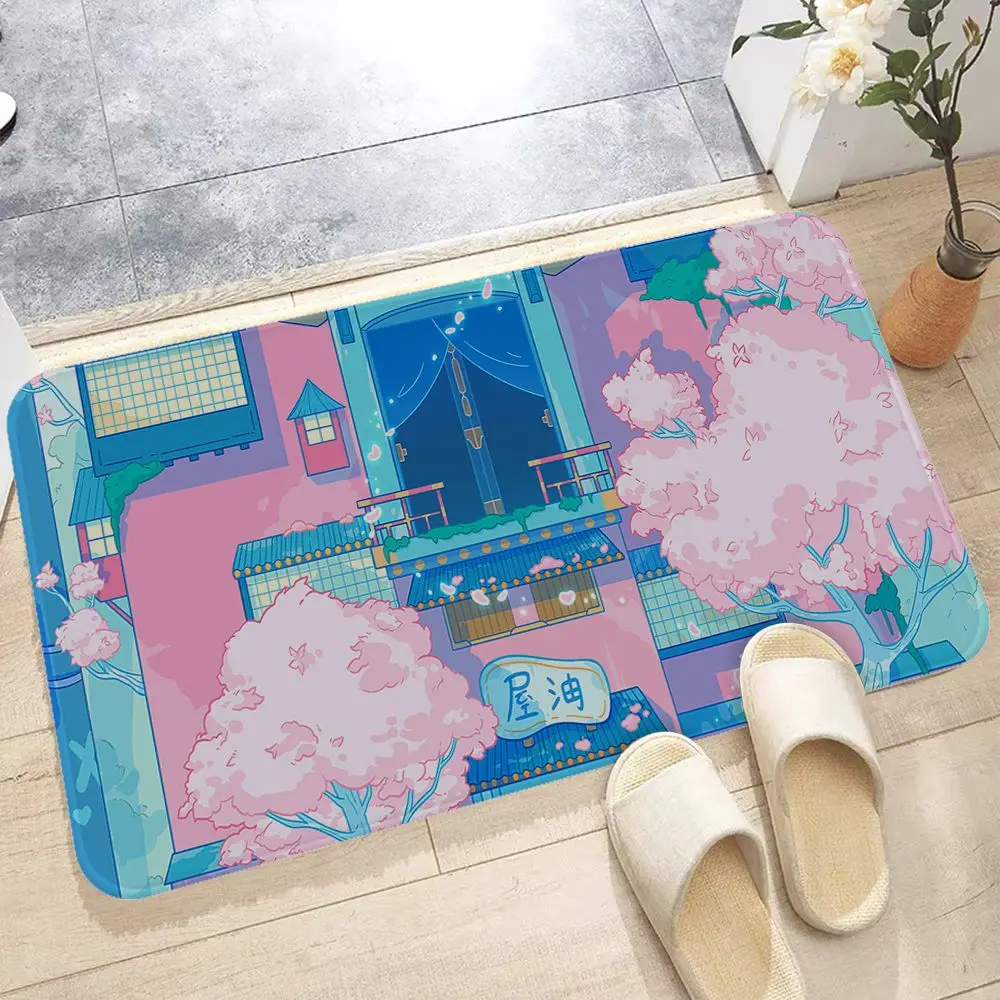 

Kawaii Pink Printed Flannel Bathroom Mat Decoration Non-Slip Mat for Living Room Kitchen Welcome Doormat Protective Floor Mat