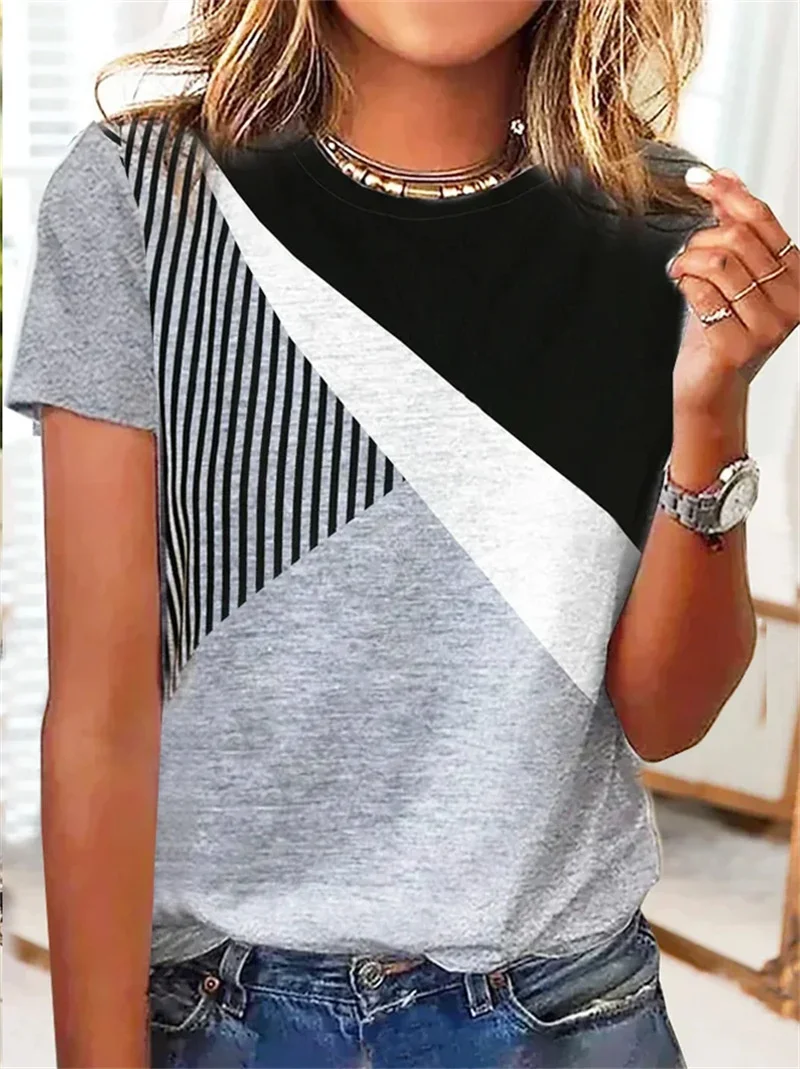 

Fashion Women's Geometry Print Tees Summer Casual Street Commuter Short Sleeve T-Shirt O Neck Pullover Daily Versatile Basic Top