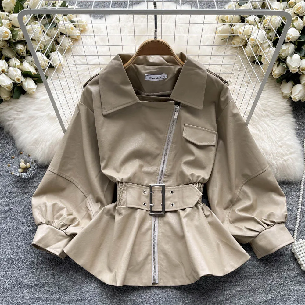 

Faux Pu Leather Women Coat Turn Down Collar Slim Belt Trench Coat 2022 New Autumn All-Matched Female Jackets