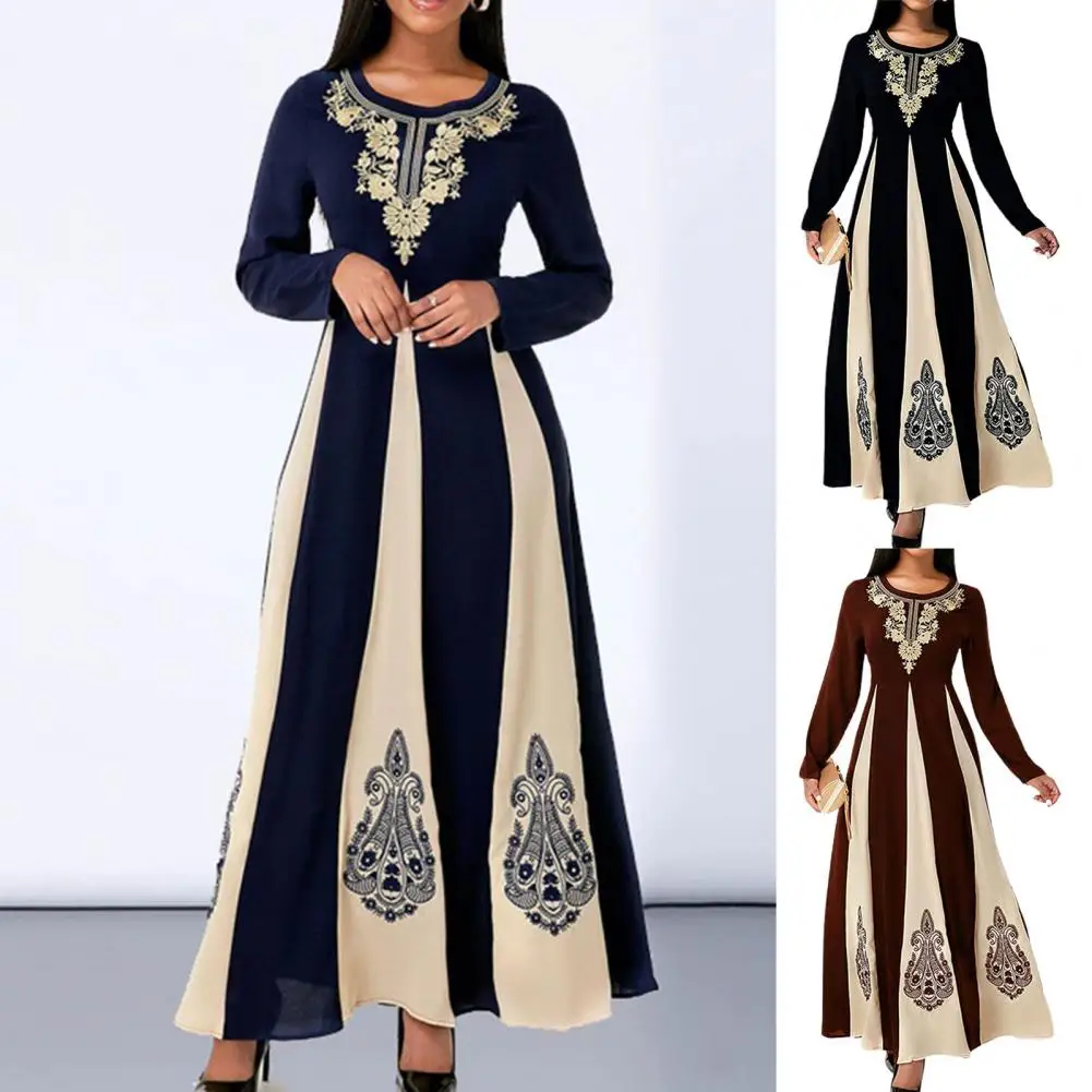 

Women Elegant Muslim Abaya Long Sleeve 2022 Islamic Patchwork Printed Round Neck Party Autumn Ankle Long Maxi Dress