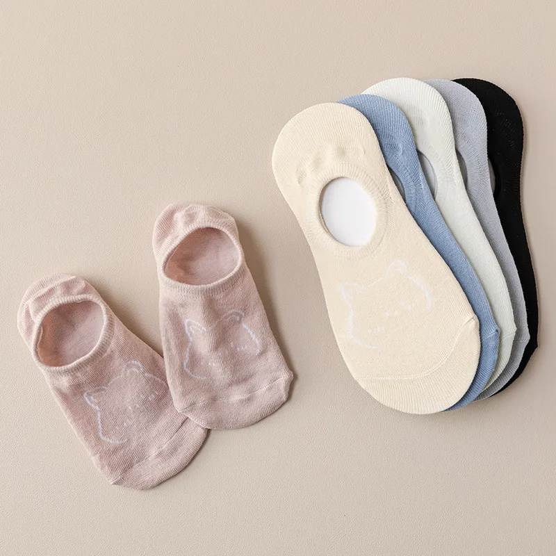 Cartoon Bear Head Cardboard Invisible Adult Silicone Non slip Boat Socks Solid Color Student Anti Slip Socks