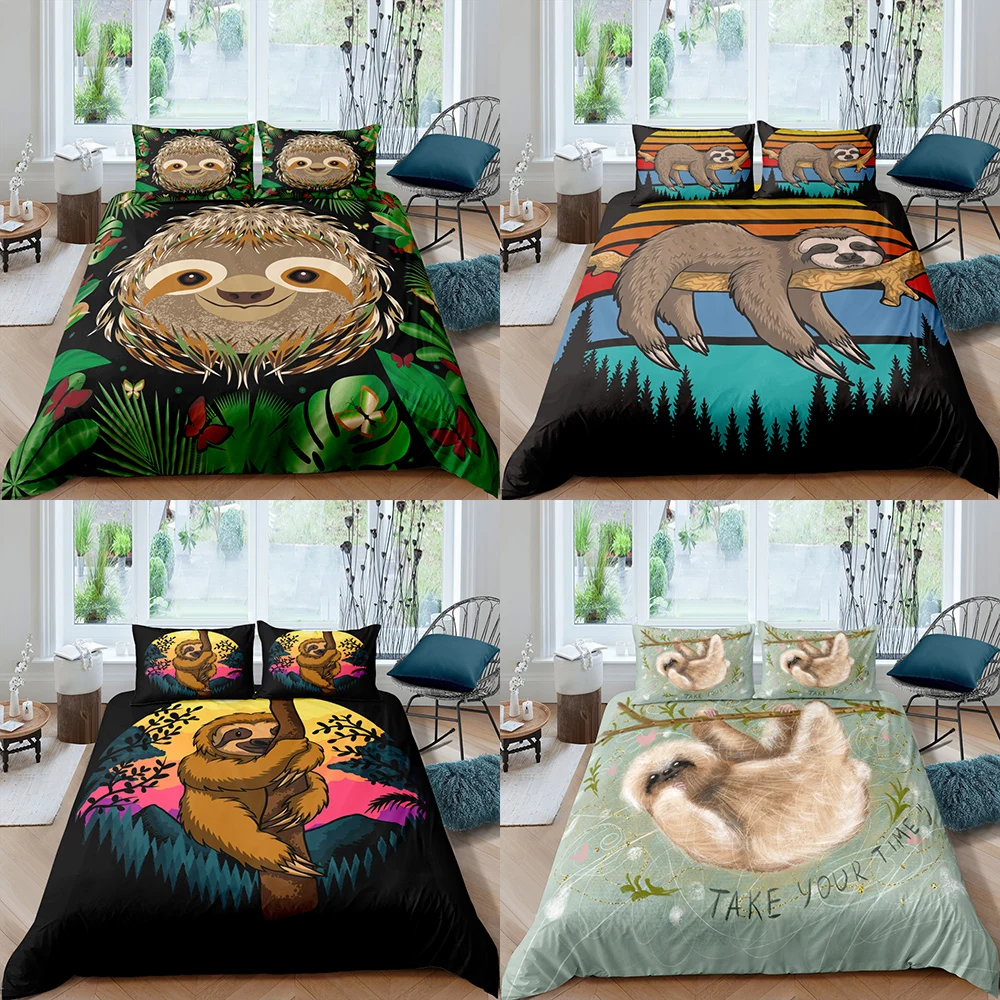 

Home Textiles Luxury 3D Cartoon Sloth Duvet Cover Set Pillowcase Leaves Bedding Set AU/EU/UK/US Queen and King Size Bedding