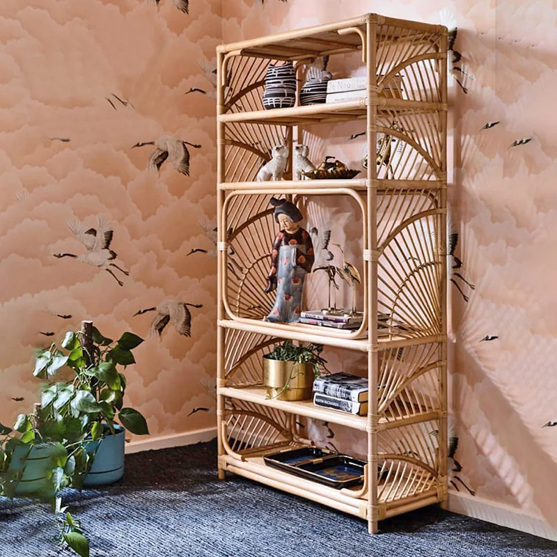 

Rattan Bookshelf Natural Real Rattan Woven Multi-Layer Storage Rack Small Apartment Floor Storage Rack