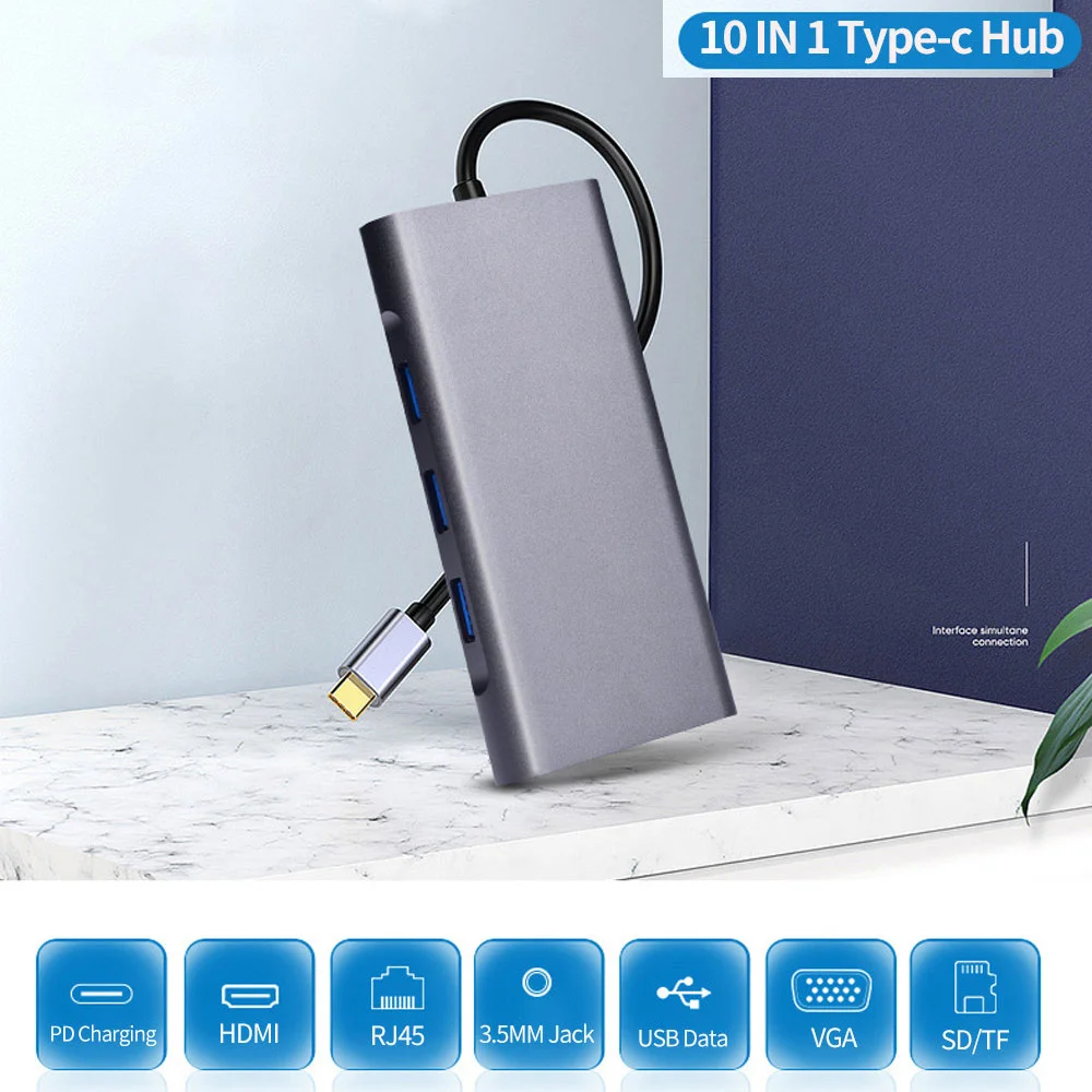 

10 in 1 Type c Hub Splitter Usb c to 4k Hdmi-adapter Vga Rj45 Ethernet Mulit Usb 3.0 Dock Station 3.5mm Sd Tf Hub for Macbook