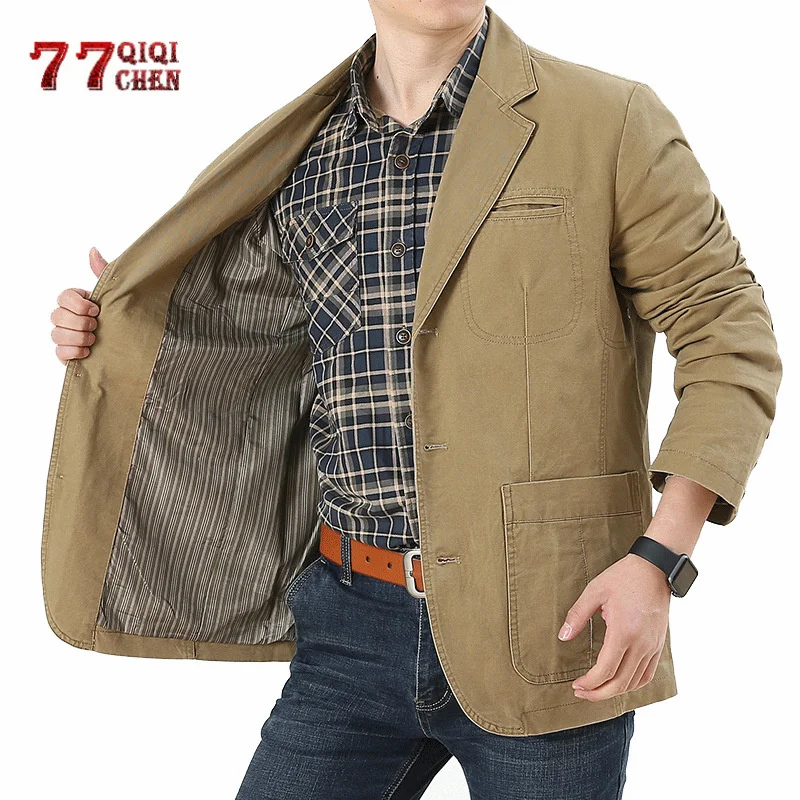 

Blazer Jacket Men Cotton Washed Suit Coats Casual Slim Fit Luxury Business Blazers Jaqueta Masculina Military Jackets Men 5XL