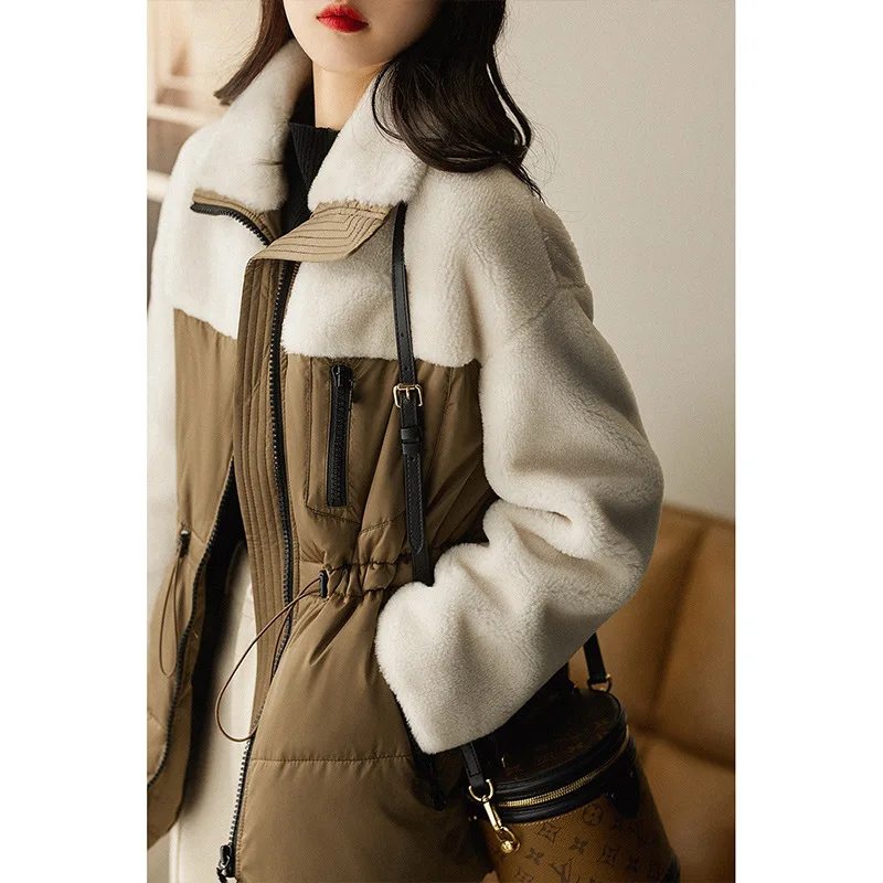 Down Jacket Women 2022 Winter 90% White Duck Coat Short Fur Splicing One Piece Korean Waistband Top Waist-cinching Cord Coats