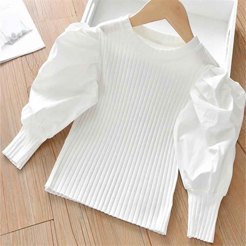 

2022 New Girls Puff Sleeve T-shirt Spring Children's Fashion Long Sleeve T-shirt Baby Wearing Knitwear Kids Girl Bottoming Shirt