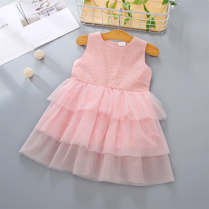

The Latest Pink Flower Embroidery High Quality Lace Cake Layered Sweet Dress