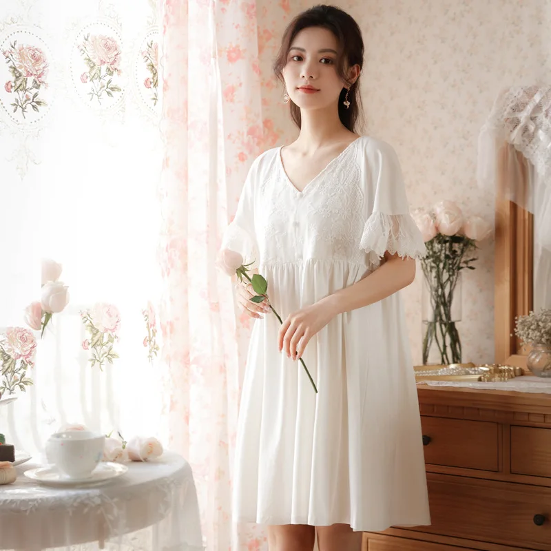 Summer Cotton Mini Night Dress Women White Sexy Lace Short Sleeve Nighty Princess Sleepwear Sweet Vintage Nightgowns Home Wear