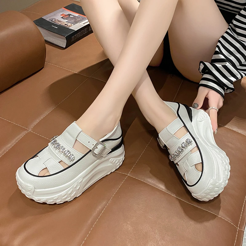 Women 7CM Leather Platform Sandals Wedge Hollow Female White Mules Shoes Casual Chunky Sneakers Woman Summer Rhinestone Slippers