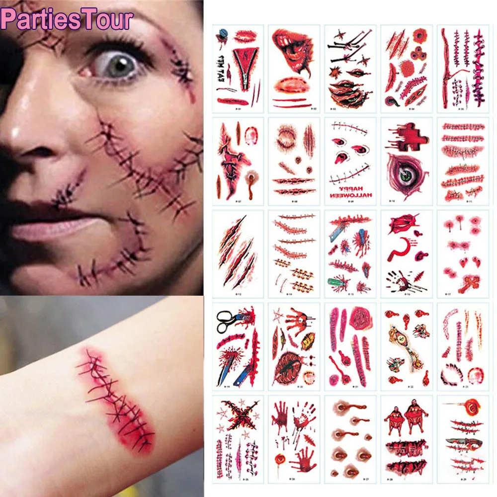 

Horror Realistic Fake Bloody Wound Stitch Scar Scab Waterproof Temporary Tattoo Sticker Halloween Masquerade Prank Makeup Props