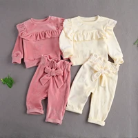 toddler baby girls clothes sets baby 0 12m autumn winter warm smooth velvet outfits ruffle trim top bow pants tracksuits kids