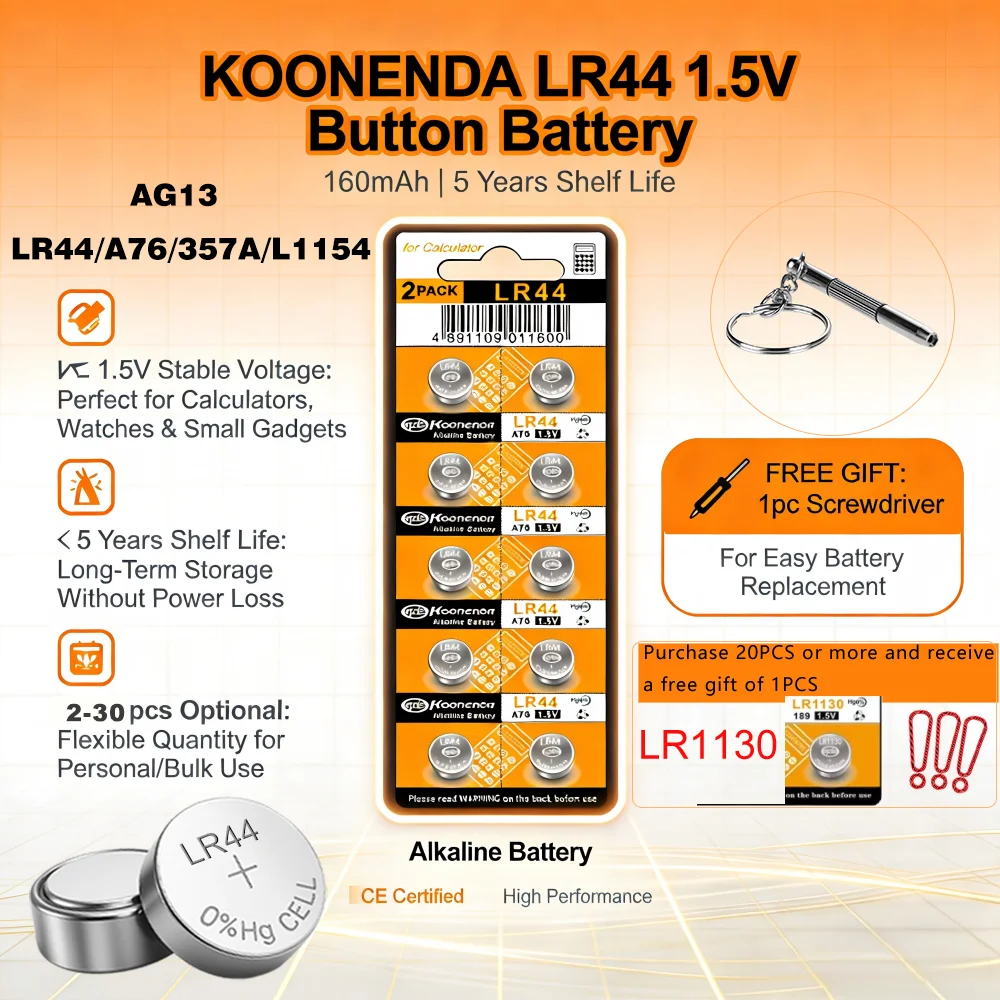 Фото 2-30 шт. LR44 1.5V кнопочные батарейки (L1154F/AG13/SR44/A76) щелочные элементы питания для калькуляторов, часов и электронных устройств №2