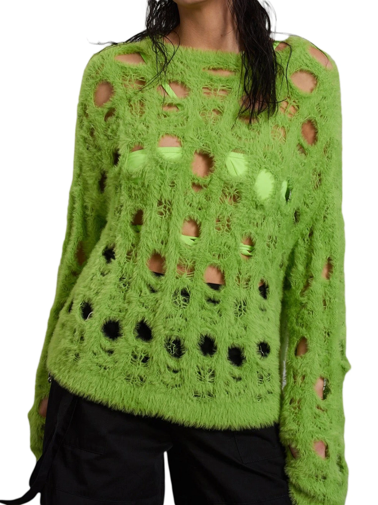 

Y2K Hollow Out Knitted Sweaters for Women O Neck Long Sleeve Oversized See Through Vintage Sexy Loose Pullovers