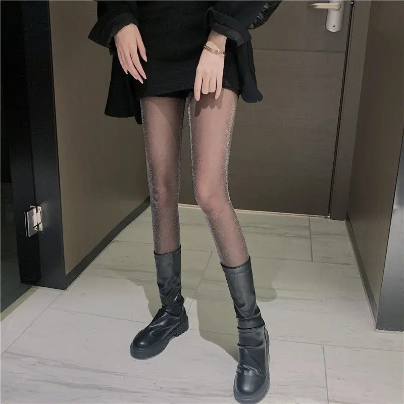 Black Silk Stockings Women's Spring and Autumn Thin Anti Hook Silver Silk Sexy Bright Silk Flash Bottomed Jumpsuit Socks Summer