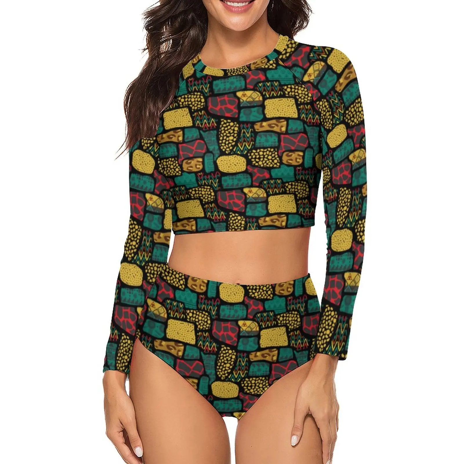 

Африканский стиль, пикантный красочный лоскутный комплект бикини с высокой талией, женский купальник из двух частей, купальный костюм на заказ, бикини