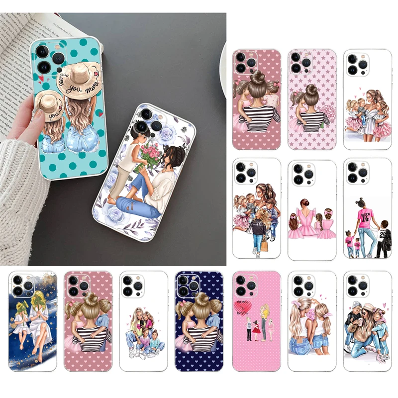 Phone Case For iPhone 16 15 14 Pro Max 13 12 15Plus iphone 11 Mama Mom Son Daughter Funda