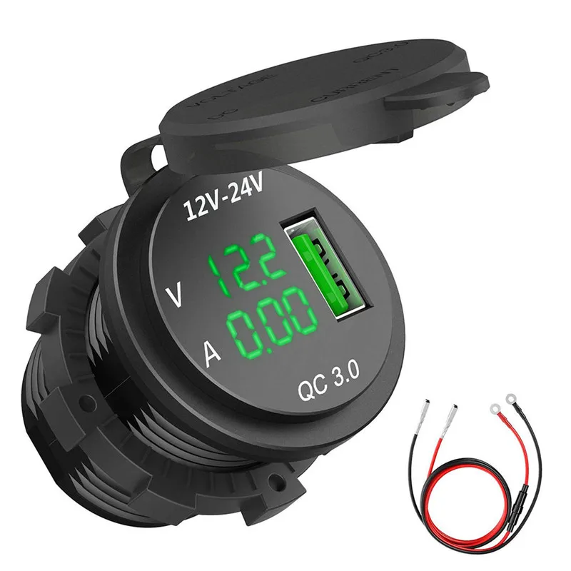 

Automotive QC3.0 USB Charger Voltmeter Amp Socket Meter DC 12/24V Fast LED Motorcycle Car QC3.0 USB Black Voltage Voltmeter