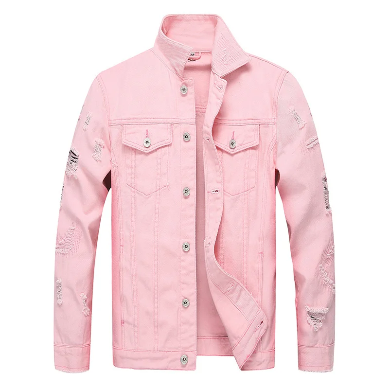 

Men's Spring Autumn Pink Ripped Denim Jackets Streetwear Casual Fashion Holes Slim Jeans Outerwear for Male
