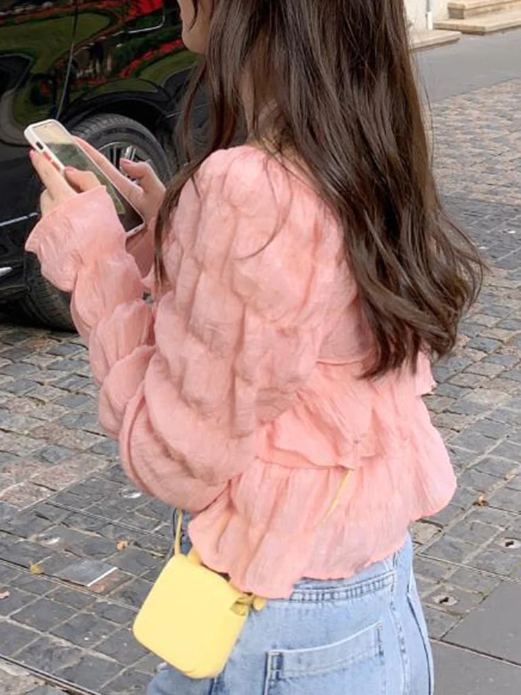 Рубашка женская шифоновая с оборками модная блуза круглым вырезом и длинными