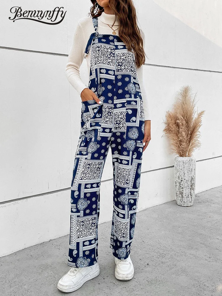 

Benuynffy Paisley Print Boho Overall Jumpsuit Women Vacation Bohemia Vintage Pockets Loose Casual Sleeveless Female Overalls