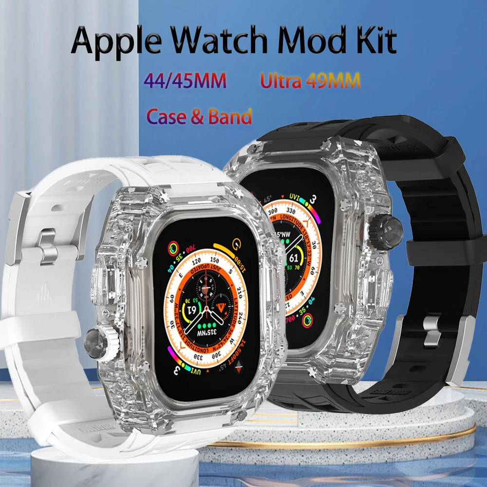 

Case+Strap Transparent for Apple Watch Ultra 49mm Mod Kit Fluororubber Sport Band for iwatch Series 8 7 6 5 4 SE 44mm 45mm