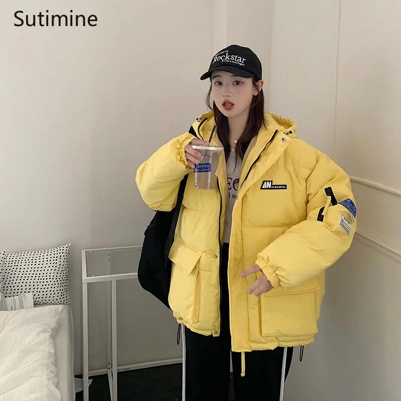 College Style Cotton Padded Jacket Women's Loose Hooded Office Lady Winter Coat for Women Black Zipper Coat Women Winter 2022